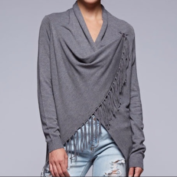 Love Stitch Sweaters - Love Stitch Fringe Asymmetric Shawl Sweater